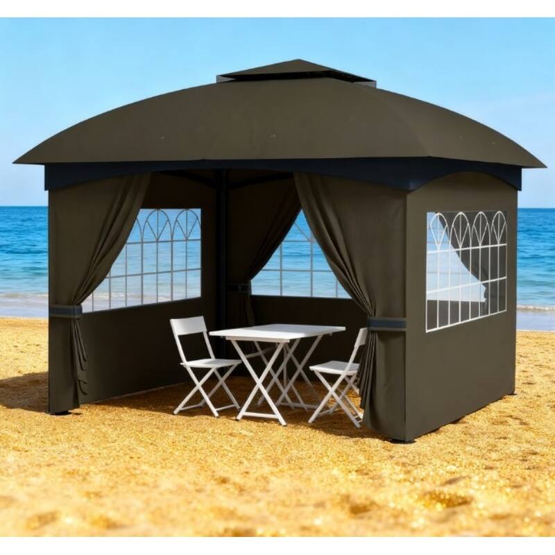 GDFStudio - 11'x11' Double Roof UV Protected Patio Gazebo with Church Windows & Curtains - Dark Gray