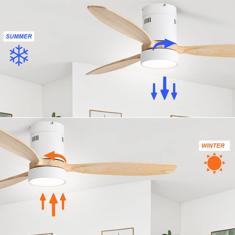 52 Inch Flush Mount Wood Blades White Ceiling Fan Reverse Airflow,6 Wind Speed,Remote Control