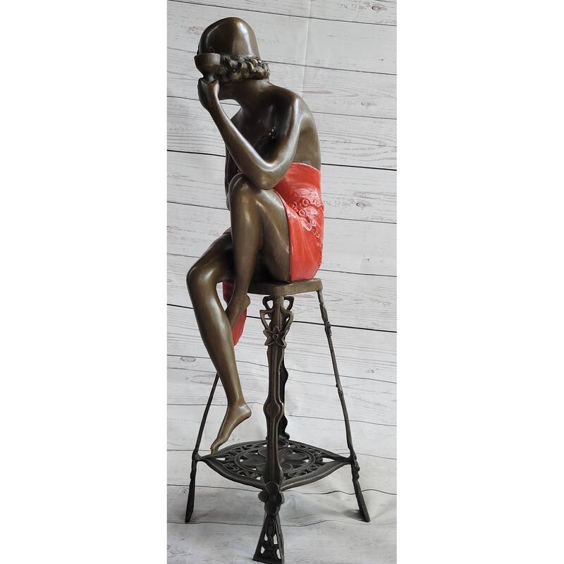 Art Deco 1920S Flapper Girl Holding Wine Cup Bronze Statue Sculpture Figurine 21.5 Inches X 6.5 Inches