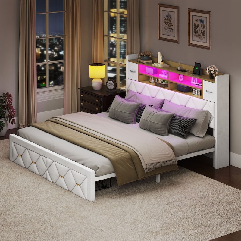 Farmhouse Bed Frame Upholstered Headboard Platform Bed with Charging Station