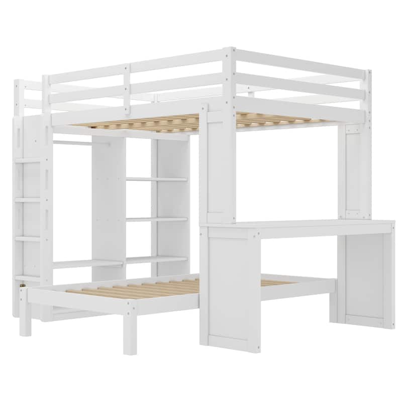 Queen Size Loft Bed & Twin Size Platform Bed Set, Wood Bunk Bed with Built-in Desk, Open Shelves and Wardrobe, Queen Over Twin