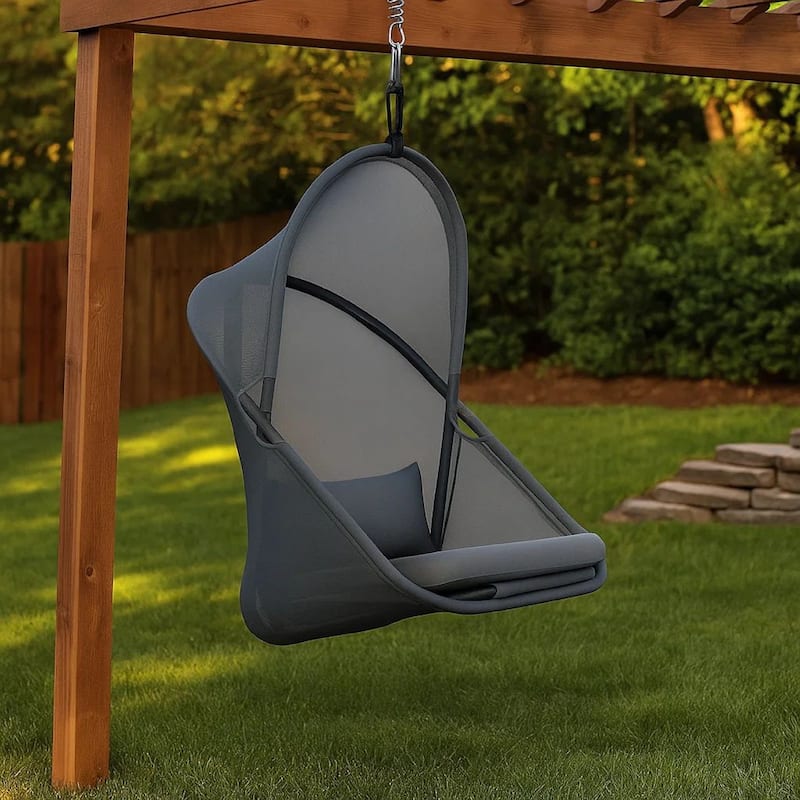 Cery Outdoor Hanging Swing Chair, Cushioned Dark Gray Mesh
