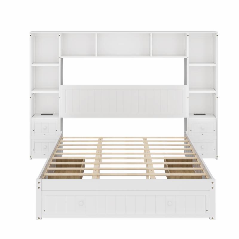 Queen/Full Platform Bed - Pine Wood Frame with Nightstands, Storage & 2 Charging Stations