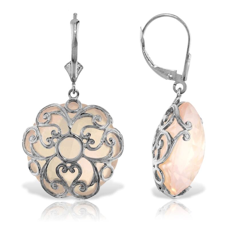 14K Solid Gold Leverback Gemstone Earrings Round Rose Quartz