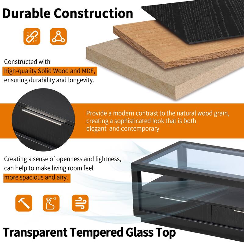 Coffee Table with Transparent Tempered Glass and 2 Drawers, Center Table with Open Storage Shelf
