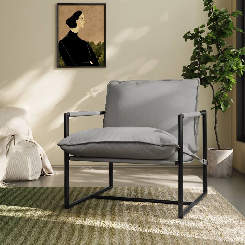 Modern Metal Frame Upholstered Sling Accent Armchair - Light Gray