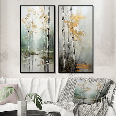 Designart "Birch Woods Ethereal Elegance" Tree Birch Framed Wall Art Set Of 2 - Blue Wall Art Set Of 2