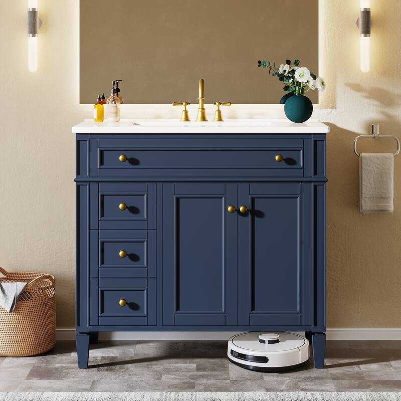White Modern Wooden Bathroom Vanity with Basin, Floor Storage Cupboard - Blue
