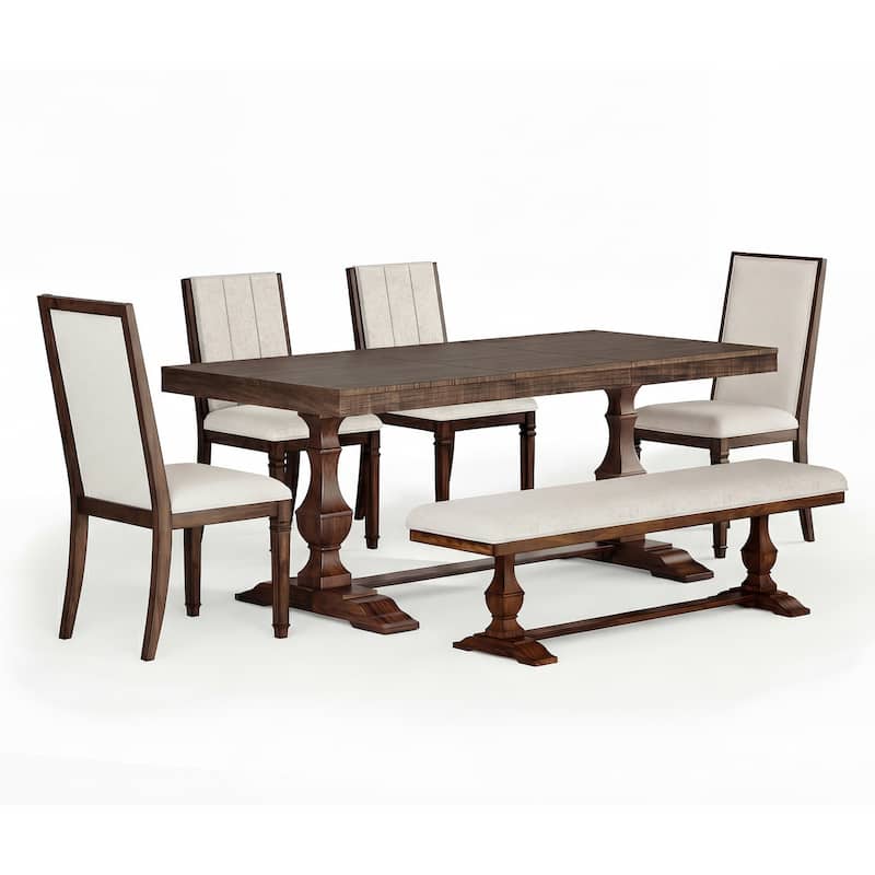 6-pieces Farmhouse Dining Table for 6, 74.8" Kitchen Table Set with 4 Chairs and Bench, Solid Wood Legs and Cushion Seat