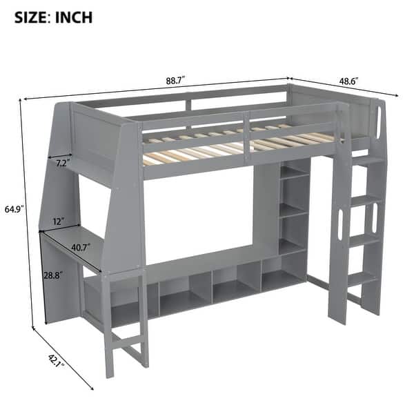 dimension image slide 0 of 2, Twin/Full Size Gaming Loft Bed with Desk, Multi-functional Teens Kids Bed Frame with Cabinets, LED Light and Clothes Rack