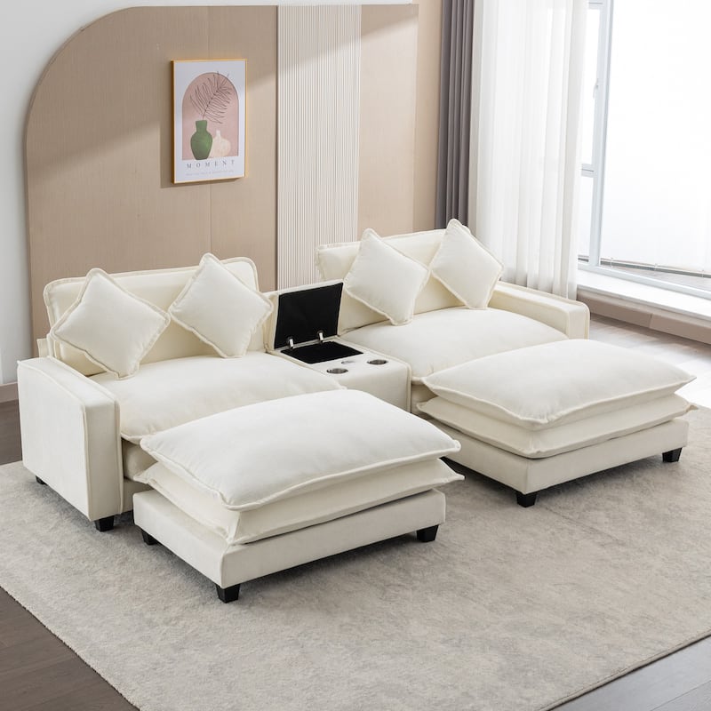111" Beige Chenille Sectional Sofa with 2 Ottomans, 2 USB Ports, 2 Cup Holders & Storage