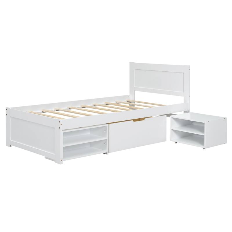 Platform bed with drawers and two shelves