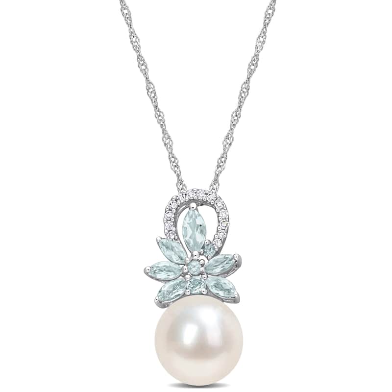 Miadora 9.5-10mm Cultured Freshwater Pearl and 1/3 ct TGW Aquamarine and Diamond Accent Flower 14k White Gold
