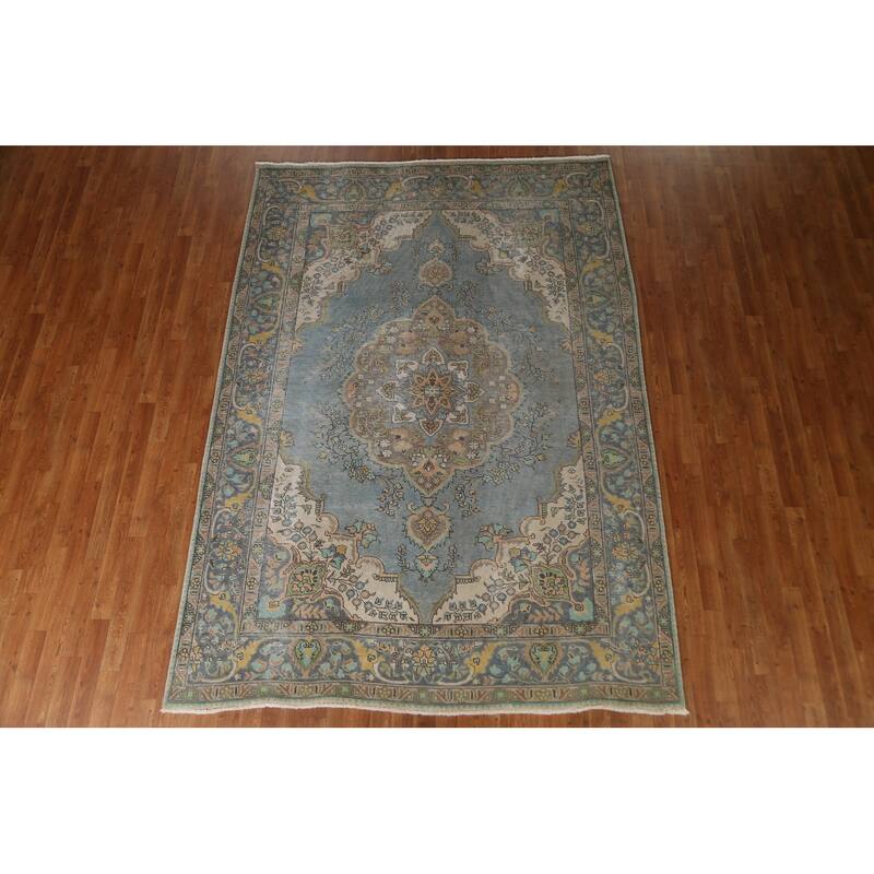 Hand Knotted Oriental 100% Wool Carpet Traditional Medallion Navy Blue & Blues Tabriz Area Rug - 9' 4'' X 6' 8''