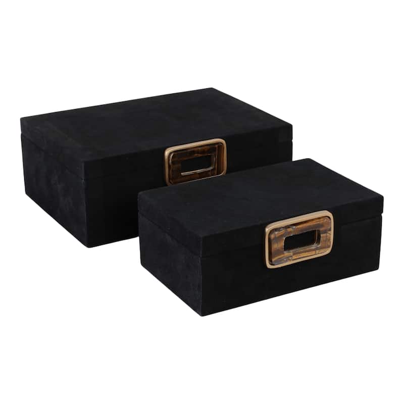 Wood Metal Storage Box Gold Accents (Set of 2) - 4", 5" Black - 14" x 10" x 5"