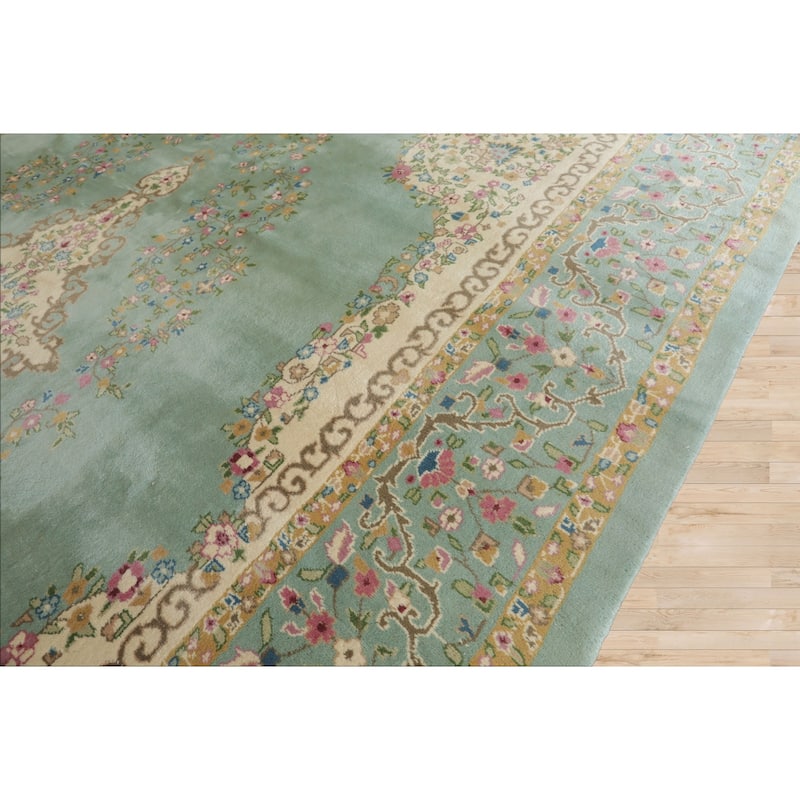 12x15 Hand Knotted Silk Sea Foam Plush Pile Kerman Traditional Rug - 12' x 15'