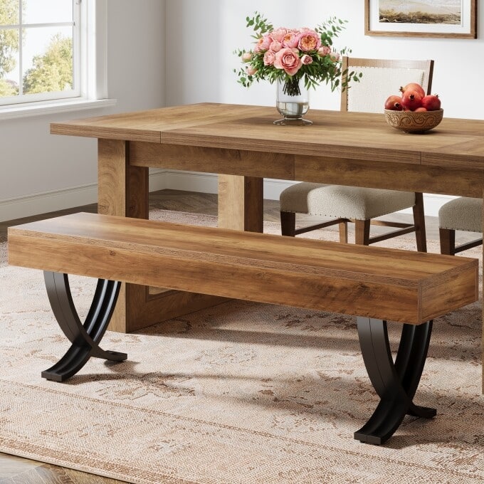 Wooden Dining Bench Metal Legs, 55-Inch Rustic Kitchen Bench - 1PC