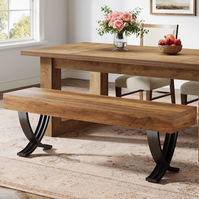 Wooden Dining Bench Metal Legs, 55-Inch Rustic Kitchen Bench
