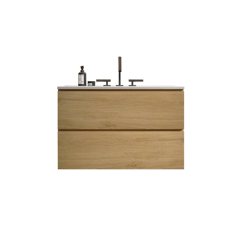 36-Inch Wall Mount Bathroom Vanity in Space Grey with Ceramic Sink, Large Storage