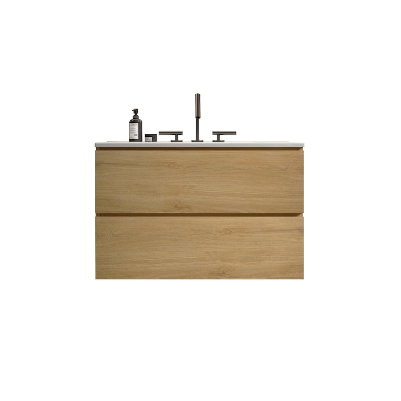 Wall Mount 30"Natural Oak Bathroom Vanity with Ceramic Sink with three faucet holes,Large Storage Floating Bathroom Vanity