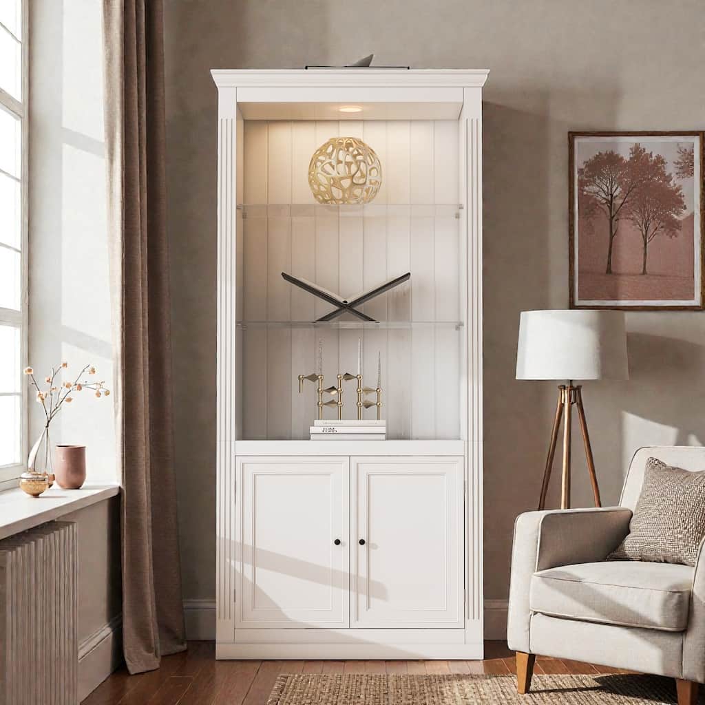 78.75'' 4-Tier Display Shelf with 5-Color Dimmable Ceiling Light, Farmhouse Bookcase with Doors & Adjustable Glass Shelves