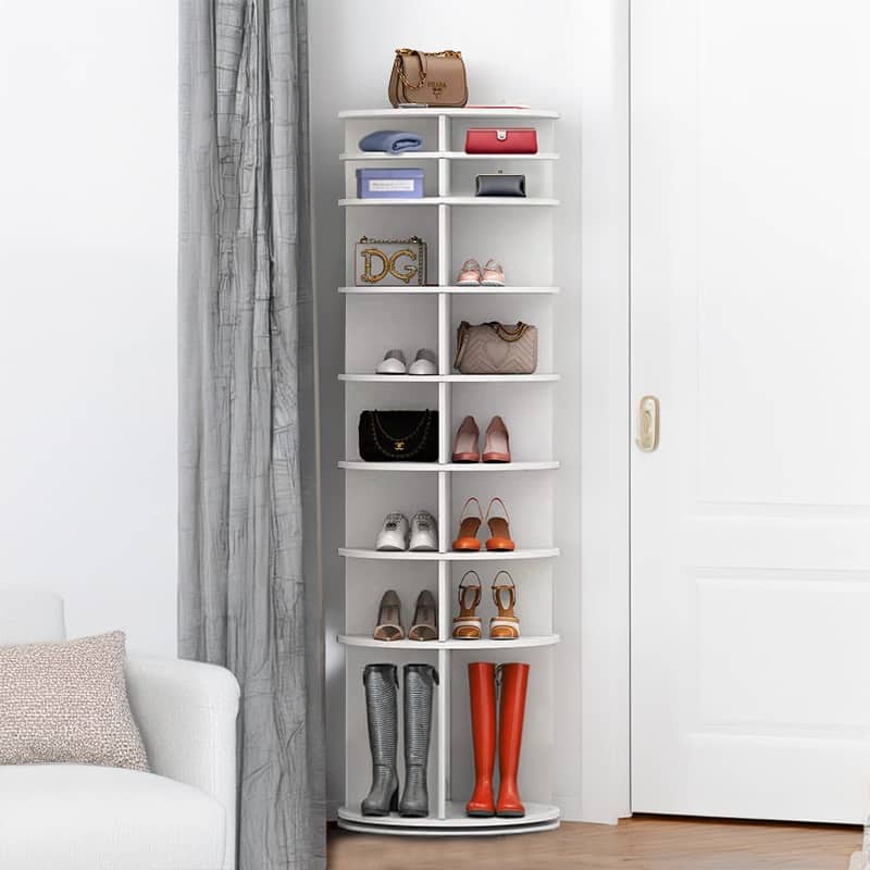 8 Tier Rotating Shoe Rack Tower, Spinning Shoe Display, Shoe Organizer,Vertical Handbag Rotate Shoes Closet Organization - White