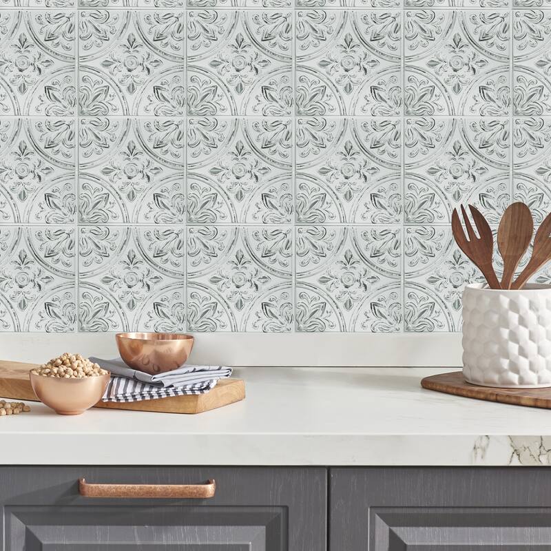 RoomMates White Tin Peel And Stick Tile Backsplash