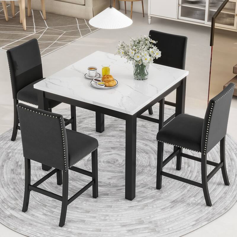 5 Piece Counter Height Kitchen Table Set, Faux Marble Top Square Dining Table with 4 Velvet Upholstered Chairs