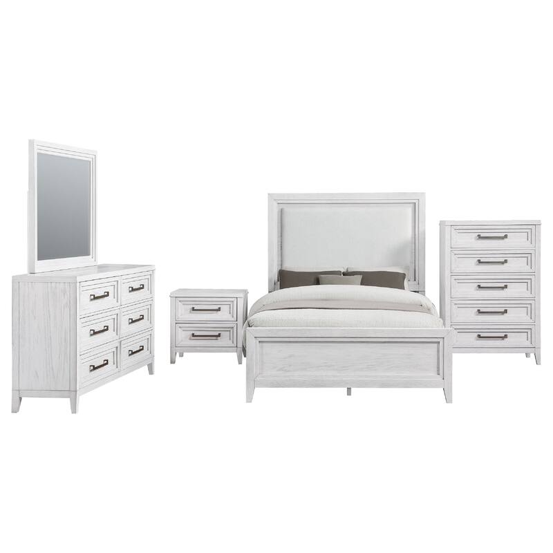 Leva 5pc Queen Bed Set with Dresser Chest and Mirror, Distressed White