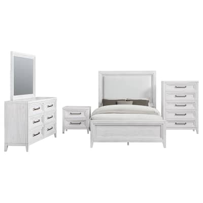 Leva 5pc Queen Bed Set with Dresser Chest and Mirror, Distressed White