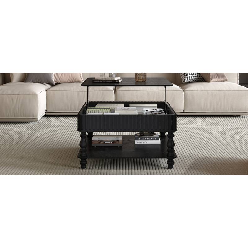 Square Fluted Lift-Top Coffee Table with Hidden & Open Storage, Black End Table Sofa Side Table Center Table