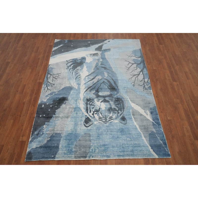 Hand Knotted Oriental Viscose Silk Carpet Modern Animal Pictorial Navy Blue & Blues Modern Area Rug - 7' 11'' X 5' 6''