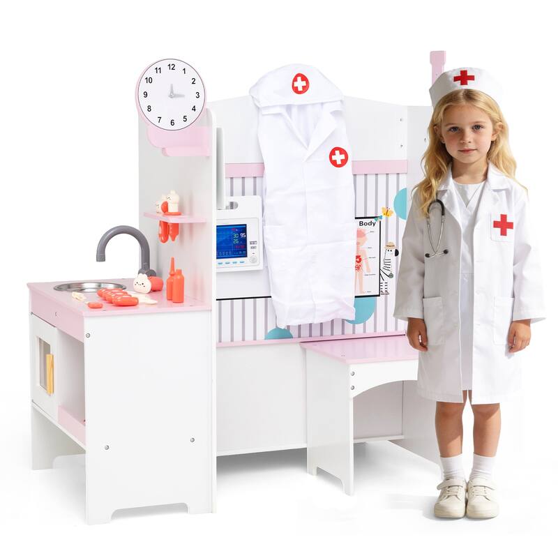 Gymax Kids Doctor Play Set w/Faucet Sink ECG Monitor Body Parts - White