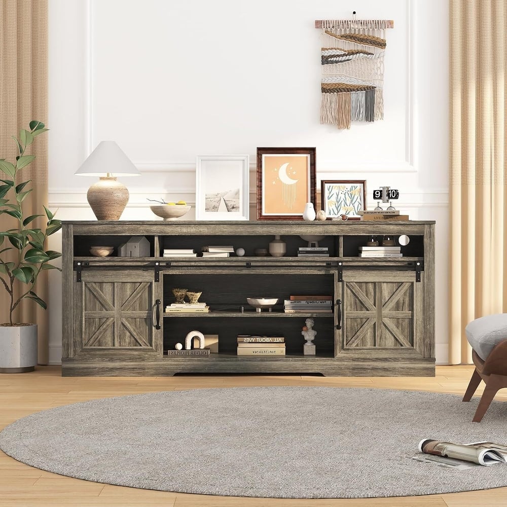 66" Farmhouse TV Stands, Entertainment Center with Open Storage, Power Outlets - N/A