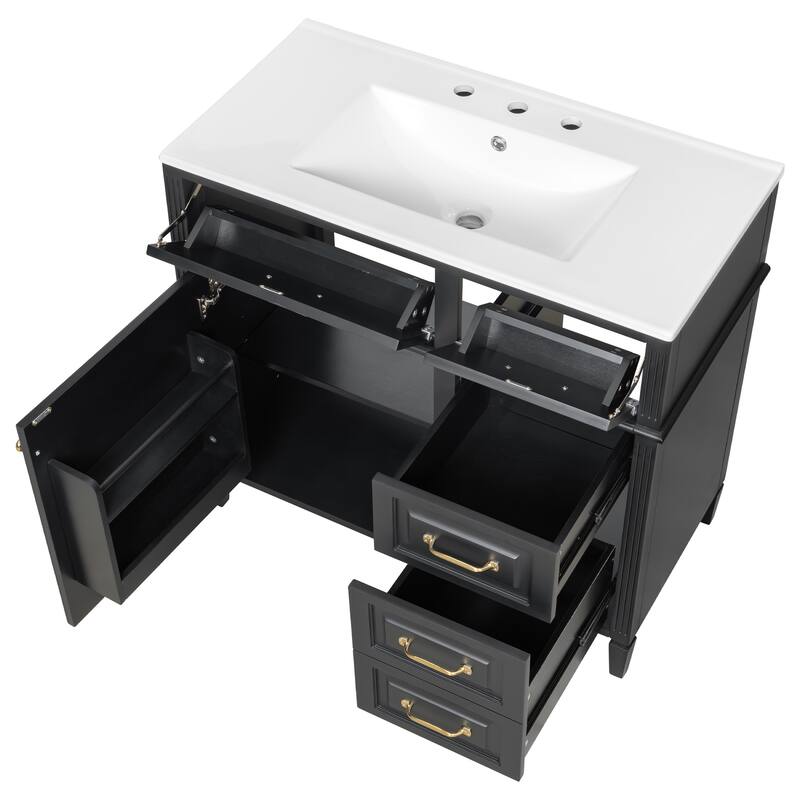 Roomfitters 36" Bathroom Vanity with Sink, Solid Wood Legs, 4 Drawers & Soft-Close Door with Storage Rack