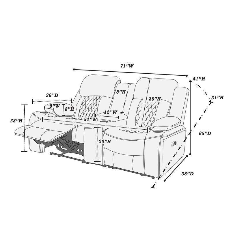 Contemporary Charcoal Gel Leatherette Power Motion Loveseat with Storage Arms and Cup Holder