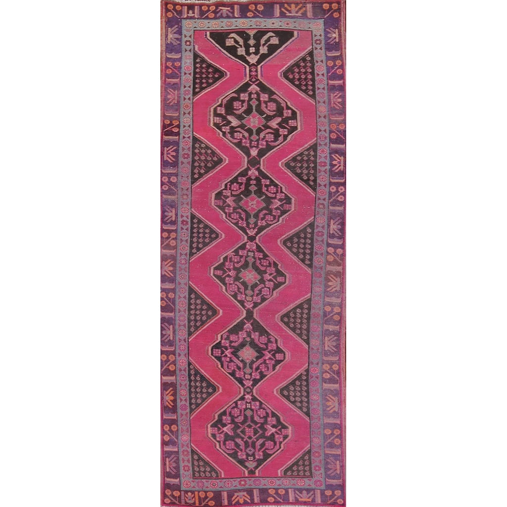 Fuchsia Ardebil Persian Vintage Runner Rug Hand-Knotted Wool Carpet - 3'7" x 12'0"