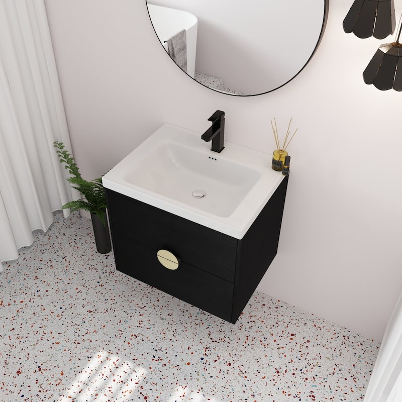 24 inch Wall-Mounted Bathroom Vanity Set in Black with Integrated Ceramic Sink