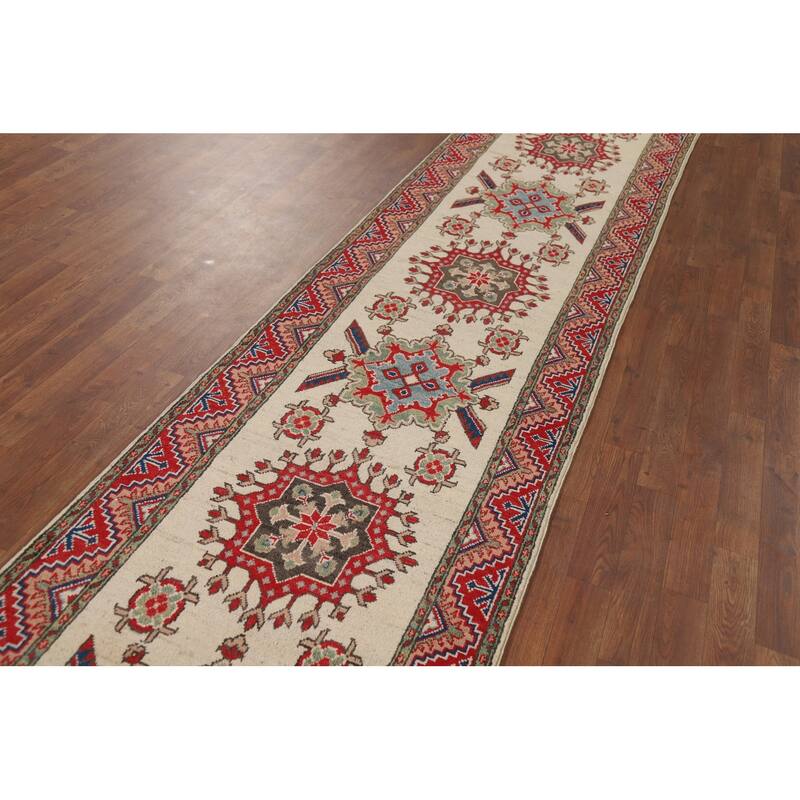 Hand Knotted Oriental 100% Wool Carpet Traditional Geometric Beige & Ivories Kazak Runner Rug - 12' 8'' X 2' 9''
