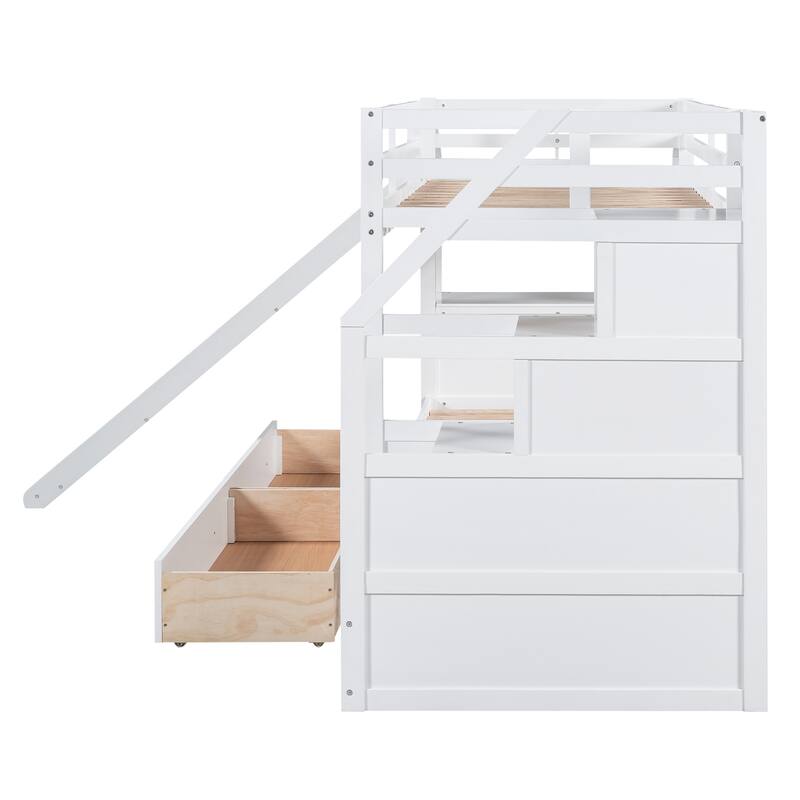 Twin Over Twin Bunk Bed With Storage Staircase, Slide And Drawers, Desk With Drawers And Shelves