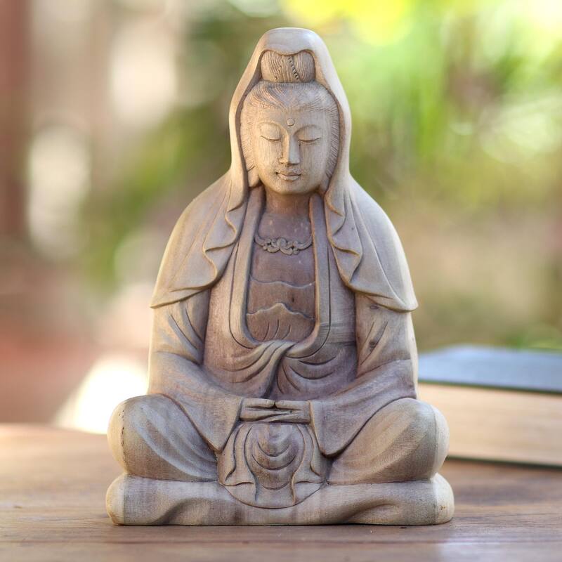 Novica Handmade Kwan Im Meditation Hibiscus Wood Statuette