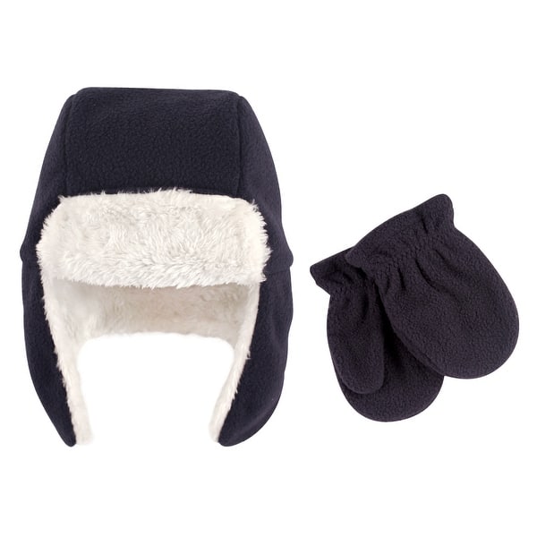 slide 1 of 1, Hudson Baby Infant Boy Fleece Trapper Hat and Mitten 2pc Set, Navy 0-6 Months - Navy Baby