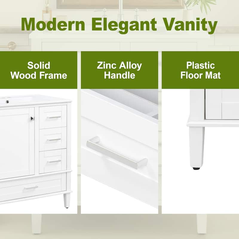 30" Modern Bathroom Vanity with Ceramic Sink, Solid Wood Frame, 1 Door & 3 Soft-Close Drawers, Freestanding