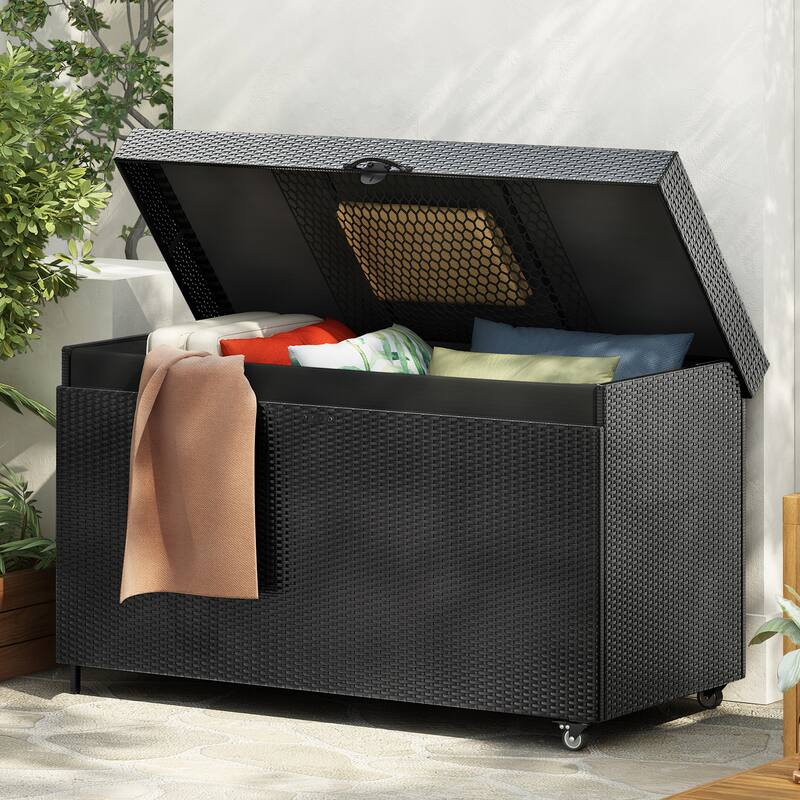 200 Gallon Wicker Deck Box All-Weather Outdoor Storage Box with Wheels Lockable Lid and Water Resistant Storage Bag for Patio