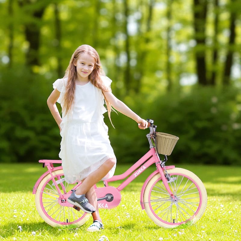 20 Inch Girls Bike with Basket, Single Speed Steel Frame, Front V-Brake & Rear Coaster Brake, Ages 7-10