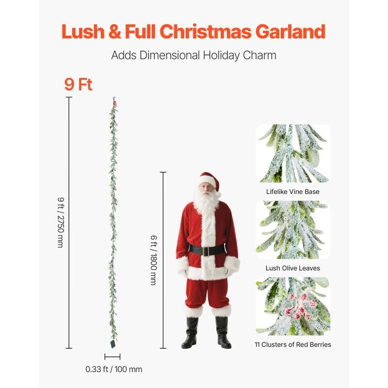 Snowy Green LED Lighted Christmas Garland with Olive Leaves and Vine Berries for Stairs and Mantels
