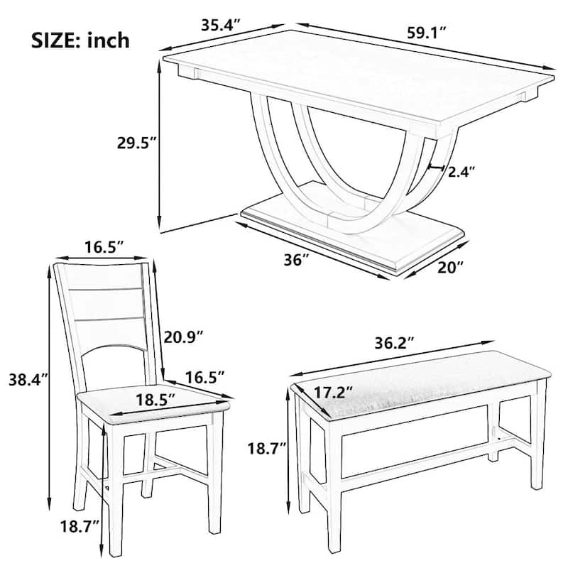 6-Piece Wood Half Round Dining Table Set Kitchen Table Set with Long Bench and 4 Dining Chairs - Grey