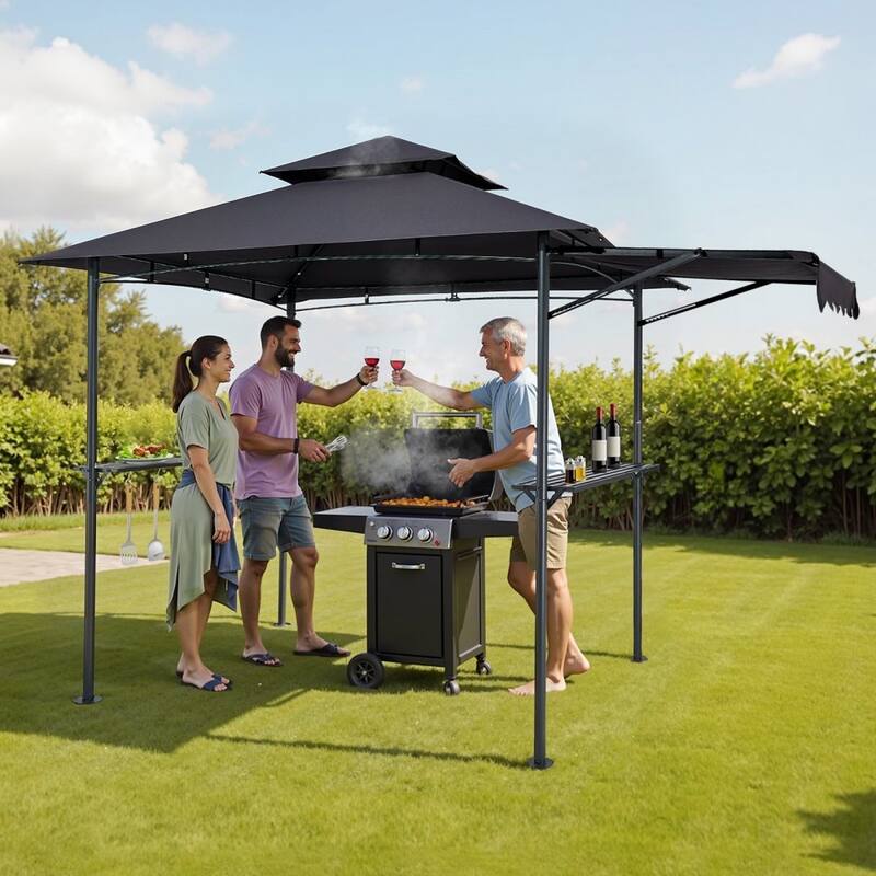 8x5 Feet BBQ Grill Gazebo with Double Tier Roof and Steel Frame Side Shelves and Hanging Hooks - 95.67” x 59.06” x 98.43”