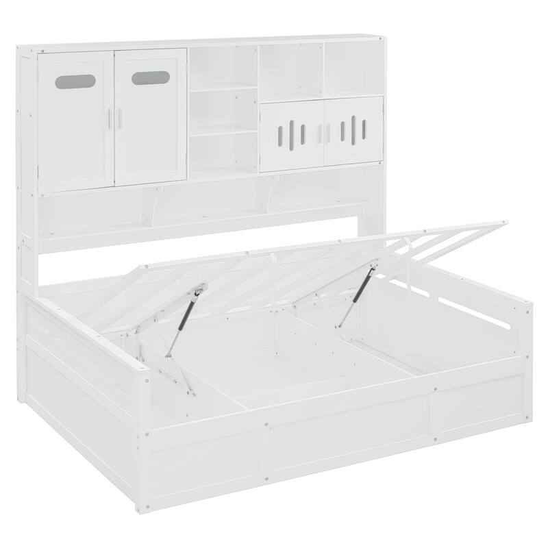 Wooden Daybed Storage Platform Bed with All-in-One Cabinet and Shelf, 10 Slats Multi-Functional Space-Optimizing Bed Frame