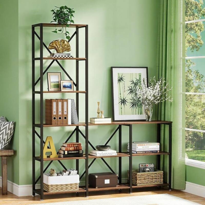 Brown 5-Tier L-Shaped Ladder Bookshelf Metal Frame Particle Board Corner Storage Shelf Freestanding Display Rack for Home